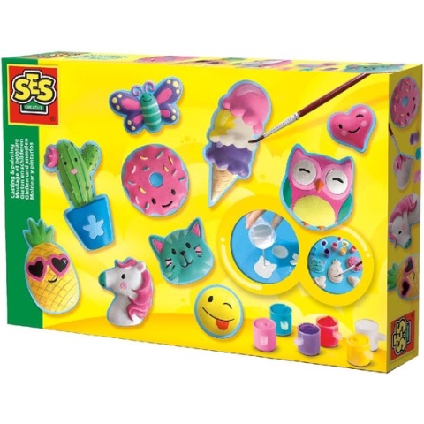 SES - Gieten en schilderen - Vrolijke figuren - sneldrogend - met vormpjes, gips, verf, penseel en gladstrijkkam
