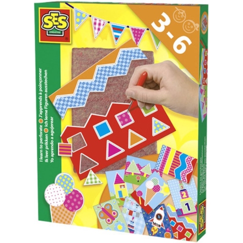 SES - Ik leer prikken - Montessori - prikmatje van vilt, prikpen en 9 verschillende prikkaarten