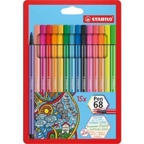 STABILO Pen 68 - Premium Viltstift - 15 Stuks Etui - 10 Standaard + 5 Neon Kleuren