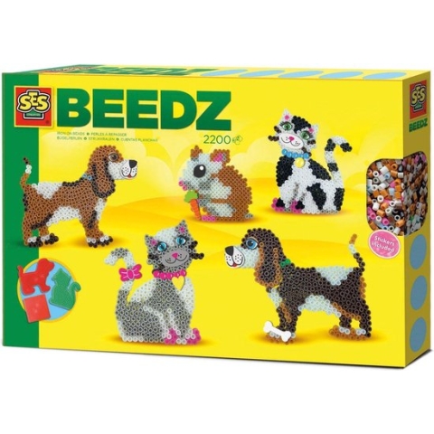 SES Beedz - Strijkkralen met legborden - grondplaten, 2200 strijkkralen en strijkvel - huisdieren - hond, kat, hamster - met stickers - PVC vrij