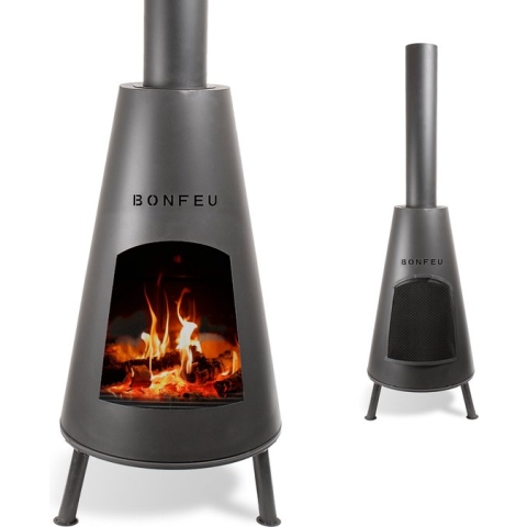 BonFeu BonPyra Zwart Tuinhaard Staal - Houtkachel met Vonkenscherm - Tuinkachel voor Sfeervolle Avonden - 50x50x166 cm