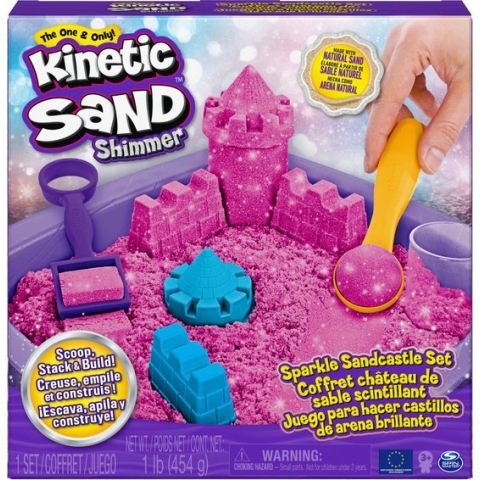 Kinetic Sand Shimmer - Zandkasteel-set met 453 g roze glinsterend speelzand 3 vormpjes en 2 stuks gereedschap - Sensorisch speelgoed