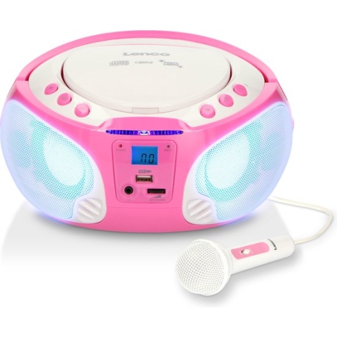 Lenco SCD-650PK - Draagbare radio CD speler met karaokemicrofoon en LED - Roze