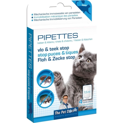 The Pet Doctor - Vlo en teek Stop Pipettes Kat - Katten - Dierenverzorging - Pipettes met fysisch-mechanische werking tegen vlooien, teken en mijten - 4 pipet zakjes