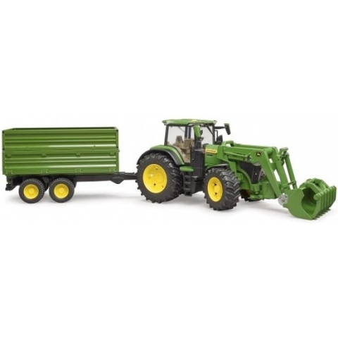 John Deere 7R 350 met voorlader en trailer van Bruder