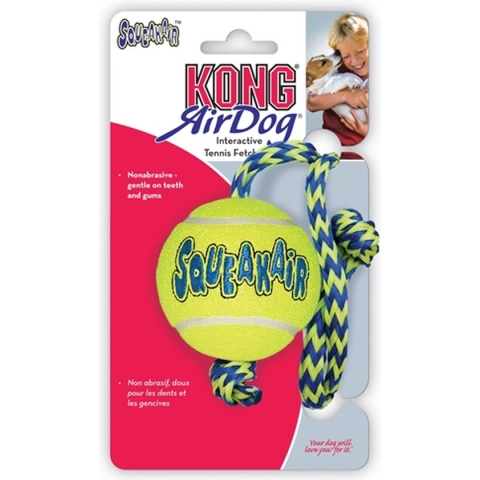 Kong Air Squeaker Bal Met Touw - M - 19.4 x 13.3 x 5.6 cm - Blauw