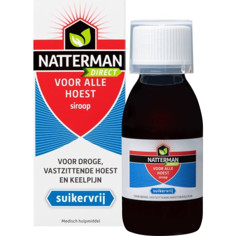Natterman Direct Voor Alle Hoest Siroop - Voor droge, vastzittende hoest en keelpijn - Suikervrij - Vanaf 3 jaar - Medisch hulpmiddel - 120 ml