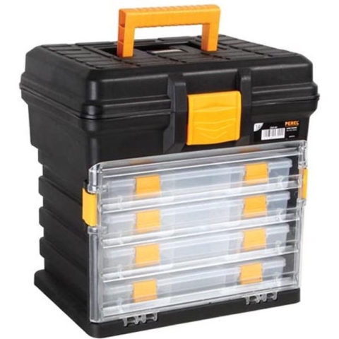 Perel Multifunctionele opbergkoffer, polypropyleen, 5-delig, draagbaar, met 4 uitneembare soorteerdozen, zwart/geel, 340 x 272 x 341 mm