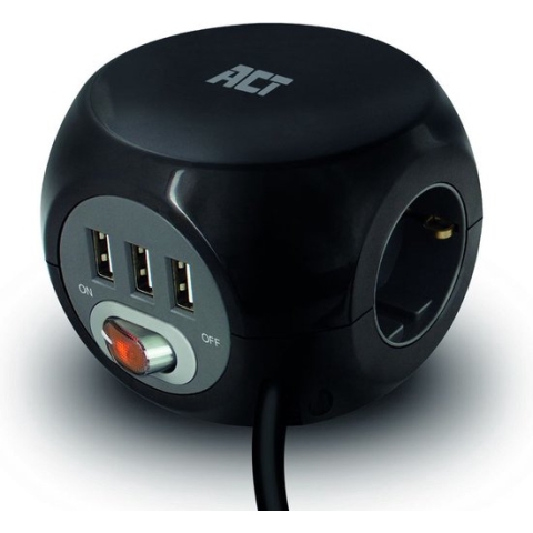ACT Stekkerdoos cube met 3 stopcontacten, USB-A-poorten, 1,5m Zwart AC2400