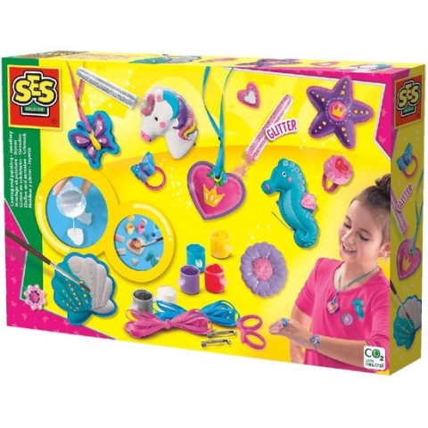 SES - Gieten en schilderen -  Sieraden - sneldrogend - met vormpjes, gips, verf, penseel, glitters, lint, ringen en speldjes