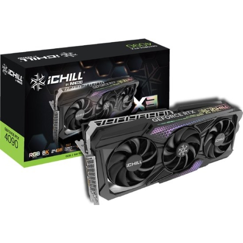 Inno3D GeForce RTX 4090 ICHILL X3, GeForce RTX 4090, 24 GB, GDDR6X, 384 Bit, 7680 x 4320 Pixels, PCI Express x16 4.0