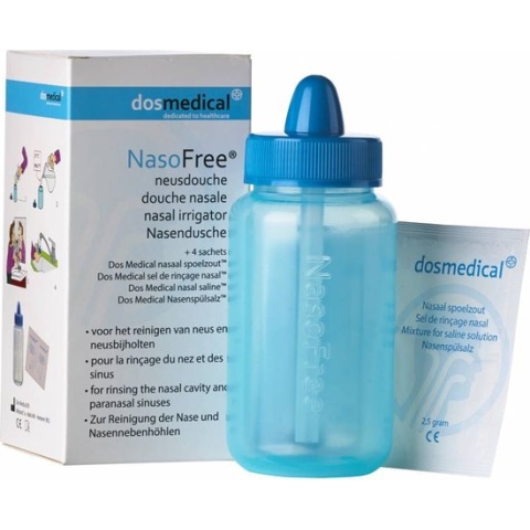 Nasofree Neusdouche - losse neusspoeler - o.a. tegen verkoudheid - pollen door hooikoorts - met 4 zakjes Dos Medical nasaal spoelzout - met Natriumchloride & Natriumbicarbonaat