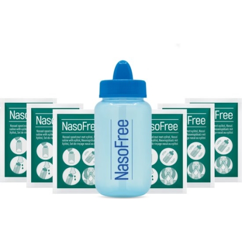 NasoFree neusdouche startset met 30 zakjes nasaal spoelzout met Xylitol - Bij (chronische) bijholteontsteking