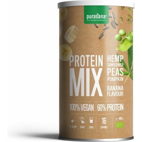 Purasana Vegan Erwt Hennep Zonnebloem Pompoen Proteine Mix Banaan BIO 400 gr