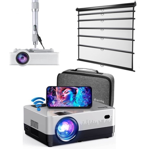 UpLiving® Thuisbioscoop set | 171m Breedscherm | UpLiving™ LCD Mini Beamer met WiFi | UpLiving™ Beamerbeugel | UpLiving™ handmatig projectiescherm | Surround set Home Cinema | Projector | Mini beamer | Pathe Thuis | Filmpakket