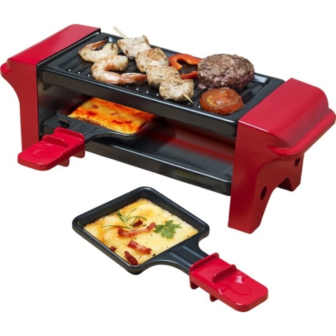 Bestron Mini Raclette, Gourmetstel voor 1 tot 2 personen, incl. 2 pannen & 2 houten spatels, met antiaanbaklaag, 350W, kleur: rood/zwart