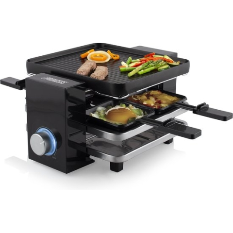 Princess Gourmetstel 162915 - Raclette Piano Black 4 personen – Parking deck voor gebruikte pannetjes – 2 meter snoer - 700W - Regelbare thermostaat - Zwart