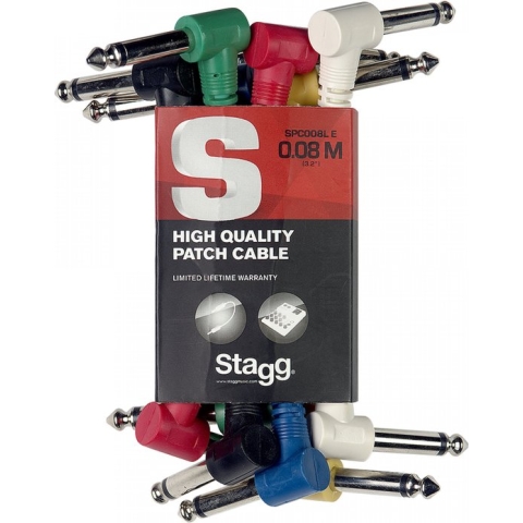 Stagg 6 x mono patchkabels jack/jack (m/m; haaks model), 10 cm, met aangegoten kunststof pluggen