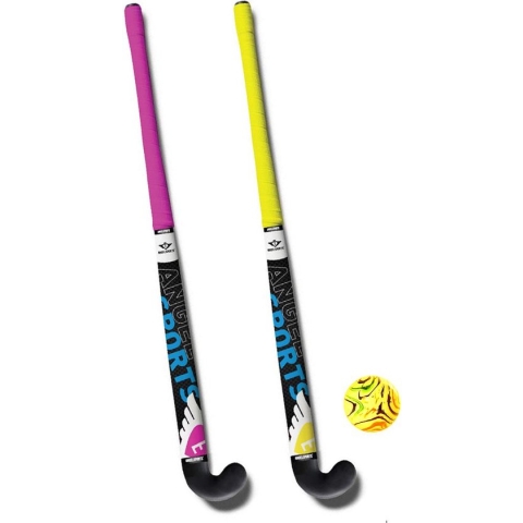 Hockeyset 2 st, kleur roze en geel kunststof 33" met gele bal in tas