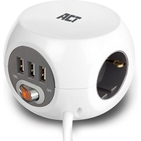 ACT Vierkante stekkerdoos (PDU) met 3 sockets type F, 3 USB-A poorten, 1,5m Wit - AC2405