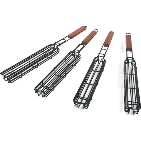 Grillrooster - BBQ - Set van 4 - Grillmandje - Barbecue accessoires - Groenterooster - BBQ klem - Vismandje - Vleesmandje - Spiesmand - Keukengerei - RVS - Hout - 5 x 49 x 3,5 cm