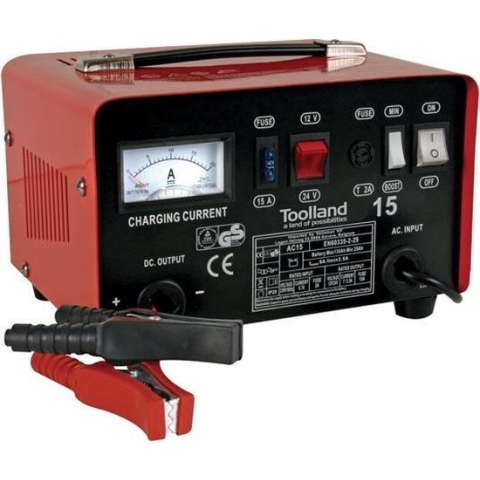 Toolland Acculader 12/24 V, met booster/starthulp 9 A, met thermische overbelastingsbeveiliging, ampèremeter en interne zekering tegen kortsluiting, voor motoren, tractoren, personenauto's, bestelwagens en kleine motorboten, metalen behuizing, rood