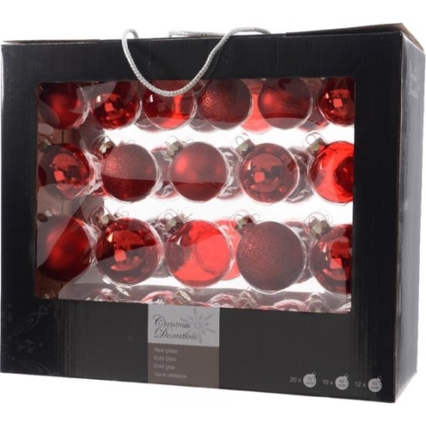 Decoris Kerstballen Glas Mix - Kerstboomversiering - Ø5-7 cm Rood 42 stuks