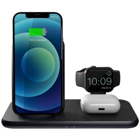 ZENS 3-in-1 Draadloze Oplader 10W met Standaard en Apple Watch Oplader Zwart