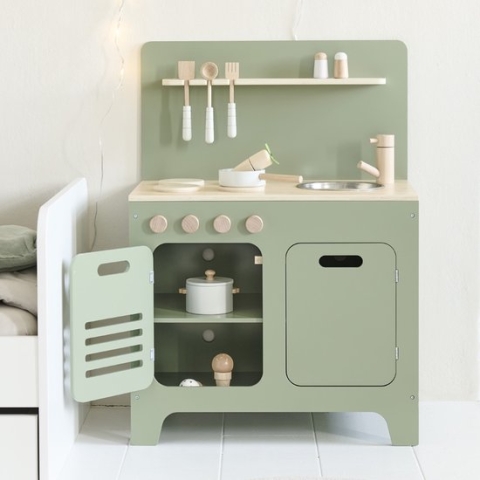 Petite Am�lie - Speelgoed Keuken Hout - Kinderkeuken inc. 13 delige Speelgoed Keukengerei Set - H83 x B60 x D36 cm - Olijf & Naturel