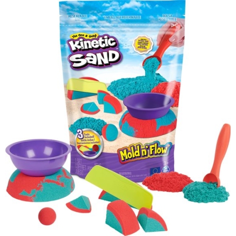 Kinetic Sand - Mold n' Flow-set met 680 g rood en blauwgroen speelzand en 3 stuks gereedschap - Sensorisch speelgoed