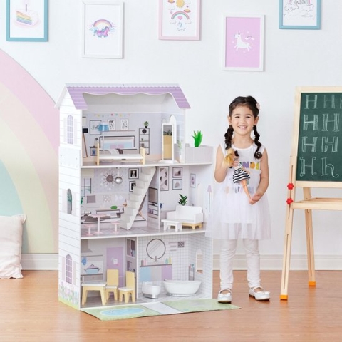 Teamson Kids Groot 3 Niveau Houten Poppenhuis - Voor 12" Poppen - Poppenhuis & Inrichting - Kinderspeelgoed - Wit/Purper