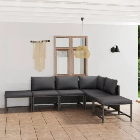 6-delige Loungeset met kussens poly rattan grijs