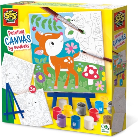 SES - Schilderen op nummer canvas - Bosdieren - 3 canvassen - met 12 kleuren verf, 2 penselen en een schildersezeltje