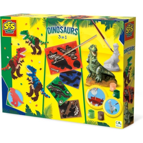 SES - Dino's 3 in 1 - gieten, schilderen, strijkkralen en scratchen - met gipsmal, houder, gips, verf, penseel, scratch stokje en grondplaat