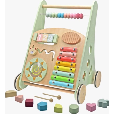 Loopwagen Hout voor Baby +/- 1 jaar | Babywalker | Educatieve looptrainer | Anti-Slip wieltjes | 38 x 32 x 46cm – Groen