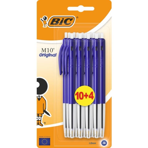BIC M10 Original Uitschuifbare Balpennen met Bijpassende Omhulsels - Blauw - Doos van 14 Stuks - Medium Punt 1 mm