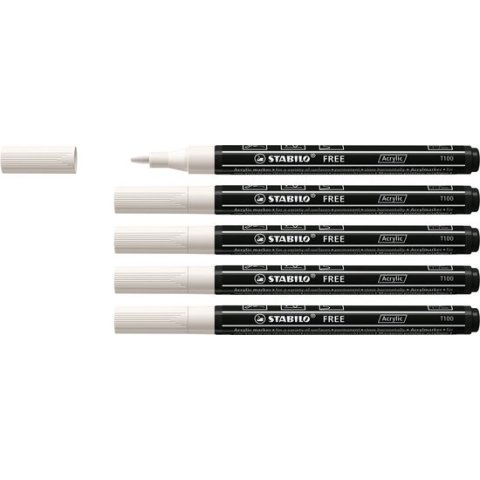 STABILO FREE - Acryl Marker - T100 - Ronde Punt - 1-2 mm - Wit - Doos 5 stuks