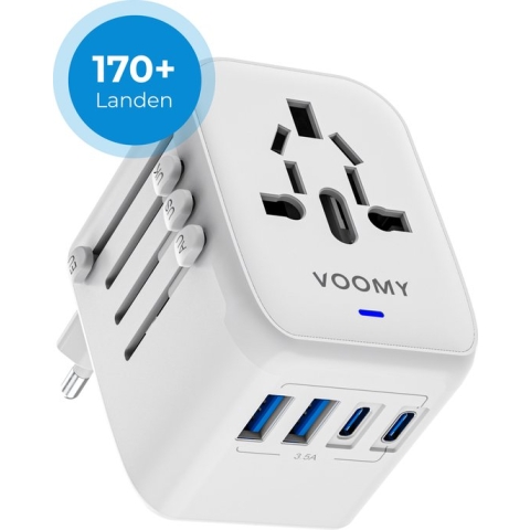 Voomy Wereldstekker Universeel - 170+ Landen Reisstekker - 2 USB-C & 2 USB-A - Wit