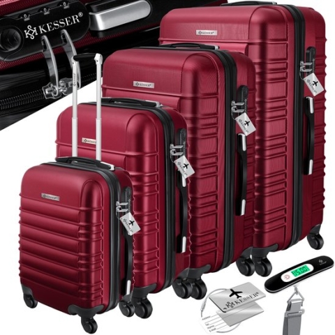KESSER® 4x Koffer, reiskofferset, trolley koffer, incl. bagageweegschaal + bagagelabel rollend kofferslot, 4 wielen ABS, harde schaal telescoopgreep S-M-L-XL - Bordeaux