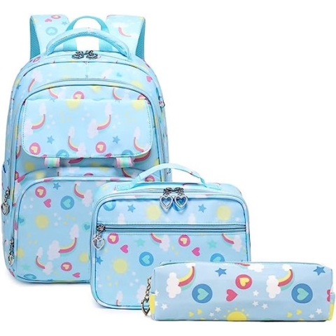 Schoolrugzak voor meisjes, 3 stuks, met lunchtas, etui, ademend, lichtgewicht schooltas, tienermeisjes, voor 5-9 klassen, 22 liter, school met USB-oplaadpoort voor reizen
