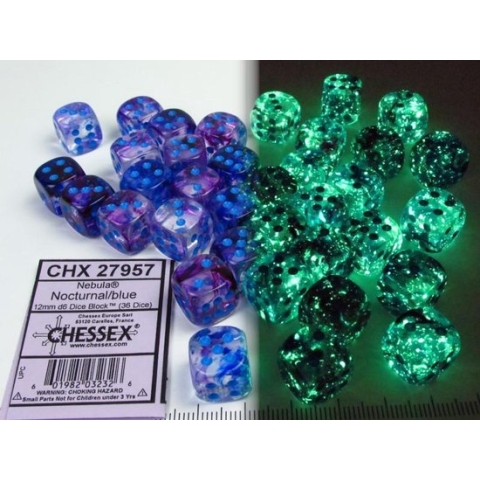 Chessex 12mm d6 Blocks - Nebula TM 12mm d6 Nocturnal/blue Luminary Dice Block™ (36 dice)