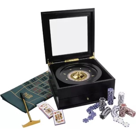 Longfield roulette set compleet in zwarte luxe houten opberg kist