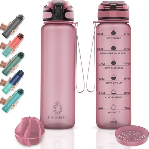 Lekro Waterfles met Tijdmarkeringen - Motiverende Drinkfles Met Fruitfilter en Shake Bal/Shaker - 1 Liter - BPA vrij - Rosé Goud