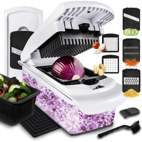 Lekro Multifunctionele Groentesnijder met Glazen Ovenschaal - Mandoline - Uiensnijder - Frietsnijder - Patatsnijder - Groentensnijder- Anti-slip mat - Glas & RSV - 12-delig