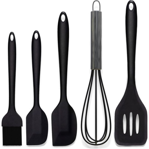 HI NATURE™ Spatel set van 5 stuks - Siliconen spatel set BPA vrij - Spatelset - keukengerei set - Keukenspatel | Hittebestendig - Vaatwasserbestendig | Bakspaan - Bakkwast - Garde - Pannenlikker | Anti-aanbak spatelset - keuken gerei (Zwart)