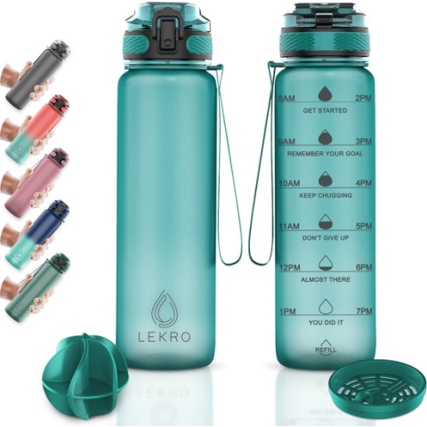 Lekro Waterfles met Tijdmarkeringen - Motiverende Drinkfles Met Fruitfilter en Shake Bal/Shaker - 1 Liter - BPA vrij - Turquoise