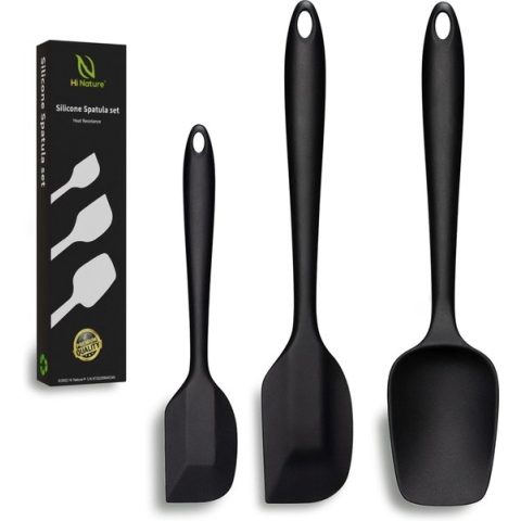 HI NATURE™ Spatel set 3 stuks - Siliconen spatel set BPA vrij - Spatelset - Keukenspatel - Pannenlikker - Bakspaan - Keukengerei set | Spatel silicone hittebestendig - Anti-aanbak - Keuken gerei (Zwart)