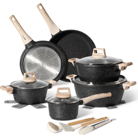Just Perfecto 10 Delige Pannenset Inductie - Pannenset Met Deksel Voor Alle Waarmtebronnen - Non-Stick Pannen - Glazen Deksel - Anti-Aanbak Kookpannenset - Pannen Zonder PFOA - PFAS -Softtouch Koudgreep