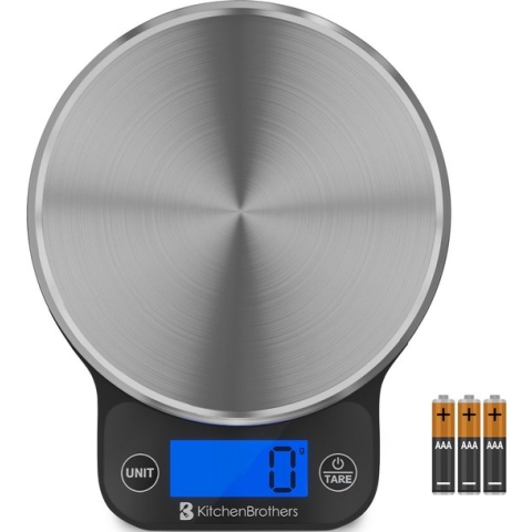 KitchenBrothers Keukenweegschaal - Weegschaal Keuken Digitaal - 1 g tot 6 kg - Tarra Functie - Inclusief Batterijen - RVS/Zwart