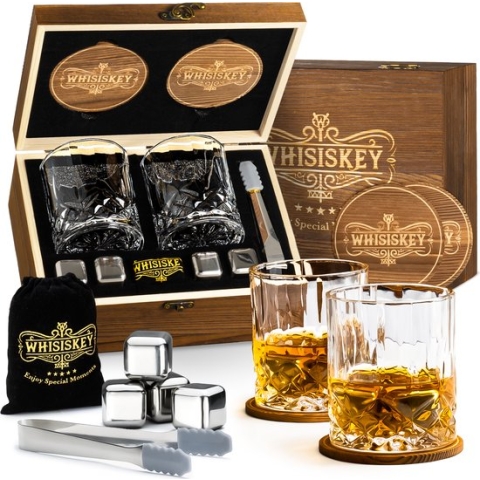 Whisiskey Luxe Whiskey Set - Incl. 2 Whiskey Glazen, 4 RVS Whiskey Stones, 2 Onderzetters, Fluwelen Opbergzak, Opbergbox - Whisky Geschenkdoos - Glas - Herbruikbare IJsblokjes